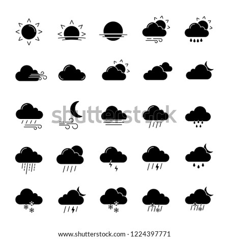 Weather forecast glyph icons set. Snow, rain, sleet. Shower or drizzle, thunderstorm. Sunny, cloudy, foggy and windy weather. Silhouette symbols. Vector isolated illustration