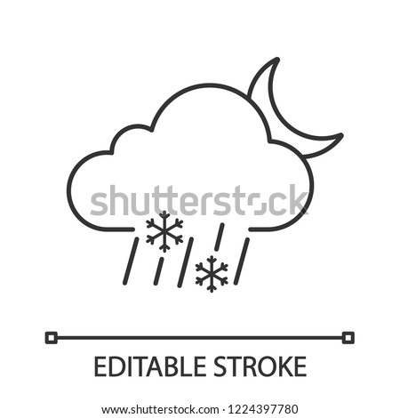 Night sleet linear icon. Wet snow. Thin line illustration. Mixed snow and rain. Cloud, raindrops, snowflake, moon. Weather forecast. Contour symbol. Vector isolated outline drawing. Editable stroke