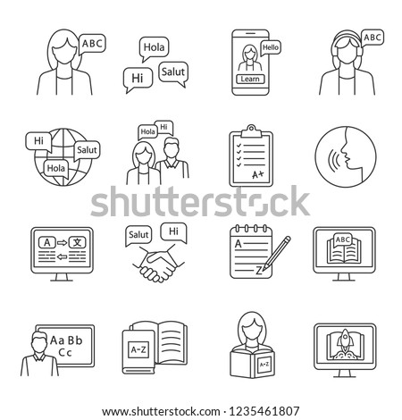 Foreign language learning linear icons set. Speaking club, course, school. Basic language skills. Thin line contour symbols. Isolated vector outline illustrations. Editable stroke