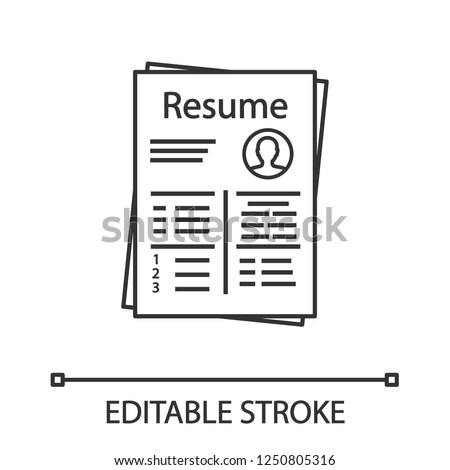 Resume linear icon. Thin line illustration. CV. Curriculum vitae. Personal information. Contour symbol. Vector isolated outline drawing. Editable stroke
