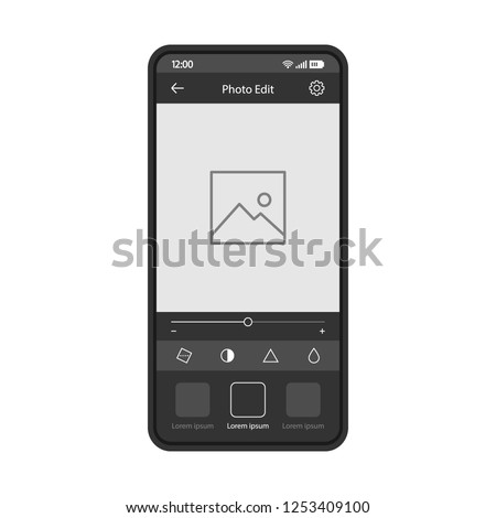 Photo editing smartphone app vector template. Mobile application interface black design layout. Photo edition filter effect screen. Flat UI. Phone display with social media post editor