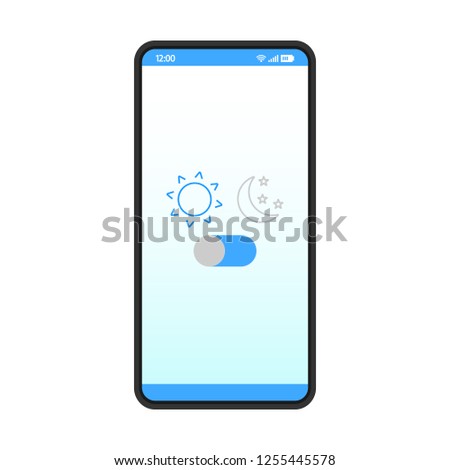 Night mode smartphone interface vector template. Mobile app page design layout. Sleeping mode turn on, off screen. Light filter toggle button. Flat UI application. Phone display brightness settings
