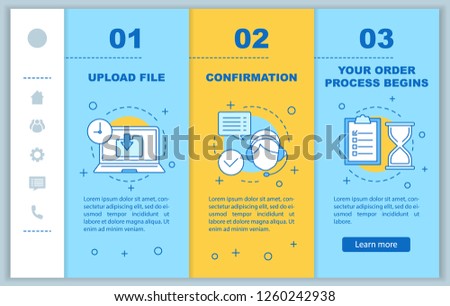 Customer support onboarding mobile web pages vector template. Upload file, confirmation, order processing. Digital service. Responsive smartphone website interface. Webpage walkthrough step screens