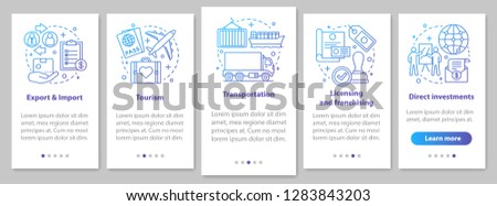 International business onboarding mobile app page screen with linear concepts. Global trading. Export, import, tourism, franchising walkthrough steps. UX, UI, GUI vector template with illustrations