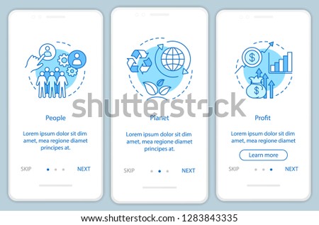 Sustainable development onboarding mobile app page screen template. People, planet and profit walkthrough website steps. Resource management. Triple bottom line. TBL. UX, UI, GUI smartphone interface