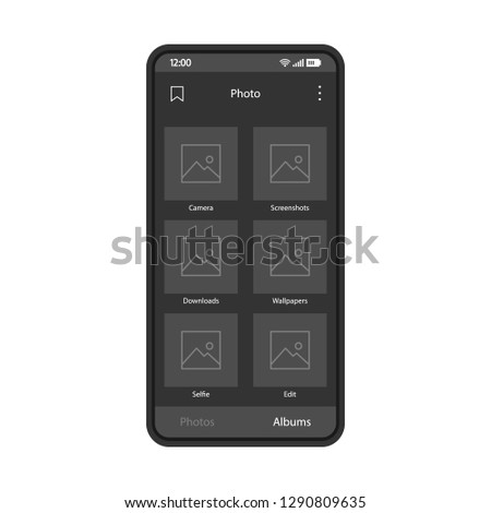 Photo album smartphone interface vector template. Mobile camera gallery app page black design layout. Wallpapers, screenshots, downloads library sceen. Flat UI.  Phone display