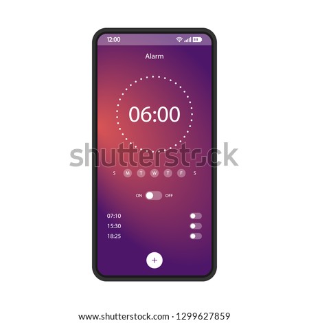 Alarm clock app smartphone interface vector template. Mobile get up application page black design layout. Gradient flat UI for application. On, off options screen. Wake up time settings phone display