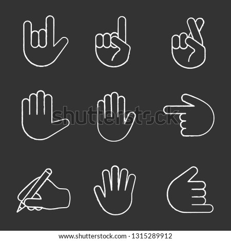 Hand gesture emojis chalk icons set. Love you, rock on, backhand index pointing left and up, luck, high five, counting five, shaka gesturing, writing hand. Isolated vector chalkboard illustrations