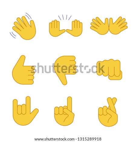 Hand gesture emojis color icons set. Waving, stop, jazz, thumbs up and down, fist, love you, luck, lie gesturing. Open hands, crossed fingers. Isolated vector illustrations