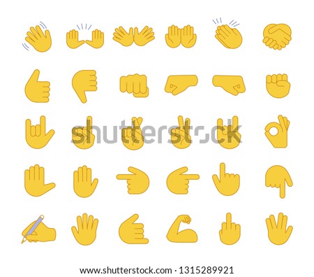 Hand gesture emojis color icons set. Pointing fingers, fists, palms. Social media, network emoticons. OK, hello, rock, like gesturing. Hand symbols. Isolated vector illustrations