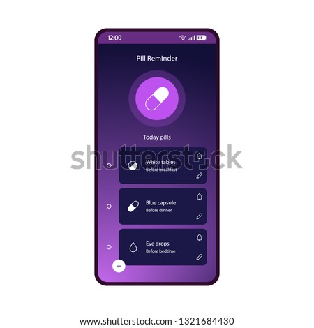 Pills, med reminder app smartphone interface vector template. Drugs list page screen purple design layout. Medication tracker mobile application. Flat gradient UI. Medical prescriptions phone display
