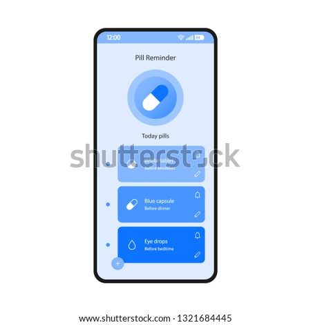 Pill reminder app smartphone interface vector template. Drugs list page screen blue design layout. Medication tracker mobile application. Meds manager flat UI. Medical prescriptions on phone display
