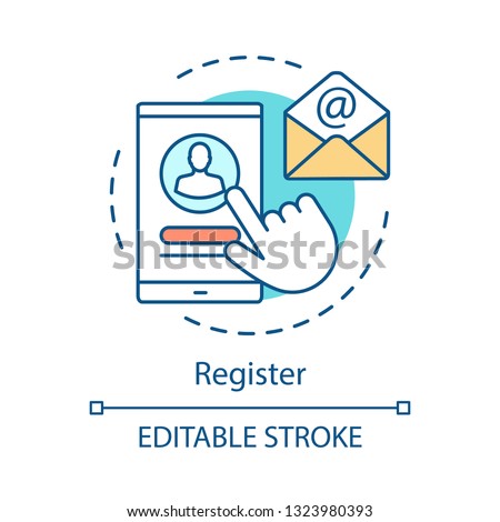 Mobile register concept icon. Sign in, up idea thin line illustration. Log in, create profile. Smartphone account registration. Confirmation letter. Vector isolated outline drawing. Editable stroke