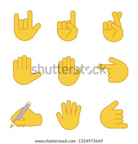 Hand gesture emojis color icons set. Love you, rock on, backhand index pointing left and up, luck, lie, high five, counting five, shaka gesturing, writing hand. Isolated vector illustrations