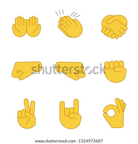 Hand gesture emojis color icons set. Begging, applause, handshake, left and right fists, peace, rock on, OK gesturing. Shaking, cupped, clapping hands. Isolated vector illustrations
