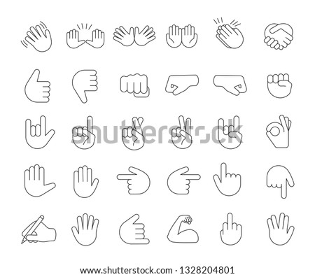 Hand gesture emojis linear icons set. Thin line contour symbols. Pointing fingers, fists, palms. Social media, network emoticons. Hand symbols. Isolated vector outline illustrations. Editable stroke