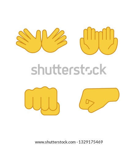 Hand gesture emojis color icons set. Jazz, hug, begging gesturing, punching fists. Cupped and opened palms. Isolated vector illustrations