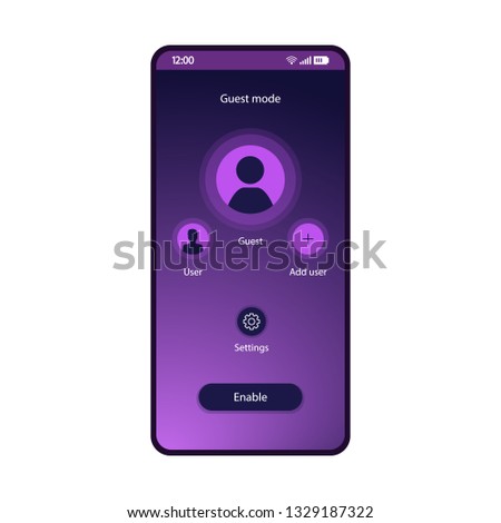 Guest mode app smartphone interface vector template. Mobile utility page purple design layout. Users account switching application. Privacy feature flat gradient UI. Enable button on phone display