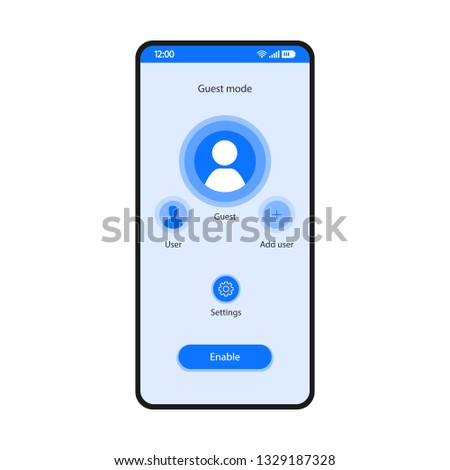 Guest mode app smartphone interface vector template. Mobile utility page blue design layout. Users account switching application flat UI. Privacy protection feature. Enable button on phone display