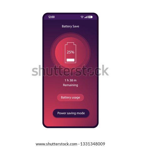 Battery saver app smartphone interface vector template. Mobile utility application page  purple design layout. Power saving mode flat gradient UI. Charge  remaining, energy optimization phone display