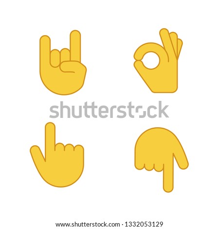 Hand gesture emojis color icons set. Rock on, heavy metal, OK, approval gesturing. Backhand index pointing up and down. Turn back finger pointer. Isolated vector illustrations