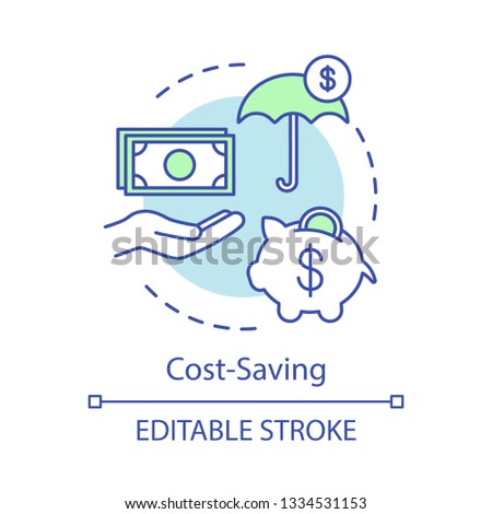 Cost-saving advantage concept icon. Financial protection, piggy bank, money in hand. Insurance. Investment banking idea thin line illustration. Vector isolated outline drawing. Editable stroke