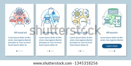 Augmented reality onboarding mobile app page screen with concepts. AR visual art, commerce, education, tourism walkthrough steps graphic instructions. UX, UI, GUI vector template with icons
