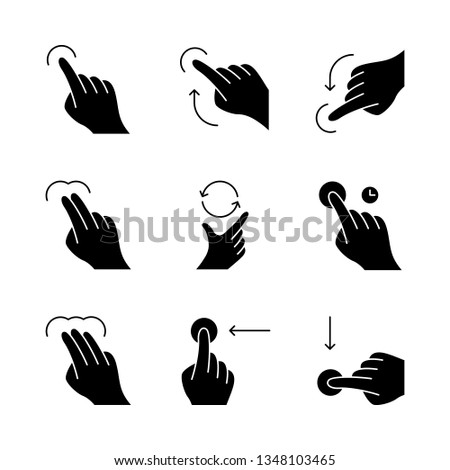 Touchscreen gestures glyph icons set. Tap, click, 2x tap, drag gesturing. Flick up and flick down. Vertical scroll up, scroll down. Touch and hold. Silhouette symbols. Vector isolated illustration