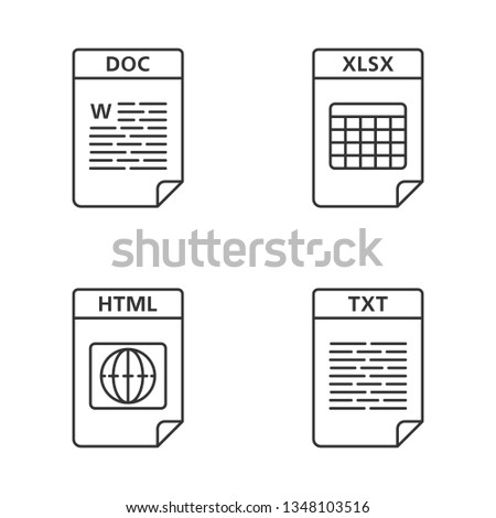 Files format linear icons set. Text web and data files. DOC, XLSX, HTML, TXT. Thin line contour symbols. Isolated vector outline illustrations. Editable stroke