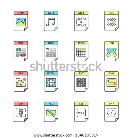 Files format color icons set. Multimedia, text, image, web digital files. BMP, MP3, MP4, PNG, PDF, DOC, XLSX, JPG, PPT, HTML, TXT, SVG, ZIP, PHP, CSS, PSD. Isolated vector illustrations