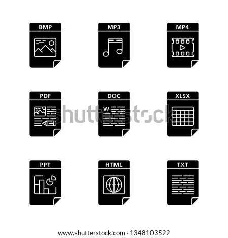 Files format glyph icons set. Image, multimedia, text, spreadsheet, webpage files. BMP, MP3, MP4, PDF, DOC, XLSX, PPT, HTML, TXT. Silhouette symbols. Vector isolated illustration