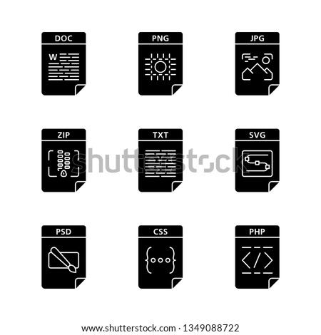 Files format glyph icons set. Text, image, archive, webpage files. DOC, PNG, ZIP, TXT, SVG, PSD, CSS, PHP. Silhouette symbols. Vector isolated illustration