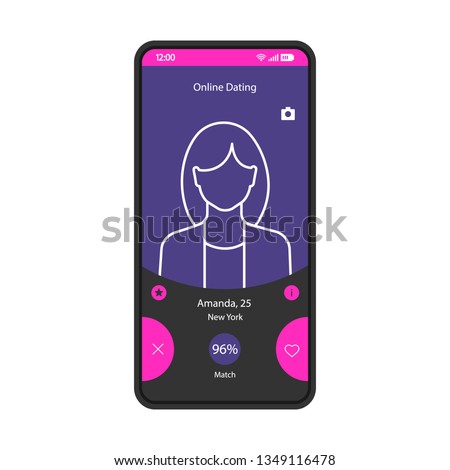 Online dating app smartphone interface vector template. Mobile page blue design layout. Matchmaker, love calculator. Womans profile screen. Date, match app. Flat UI for application. Phone display