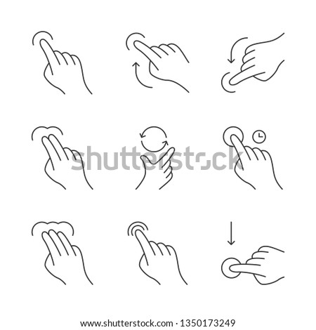 Touchscreen gestures linear icons set. Tap, click, 2x tap, drag. Flick up, flick down. Scroll up, scroll down. Touch and hold. Thin line contour symbols. Isolated vector illustrations. Editable stroke