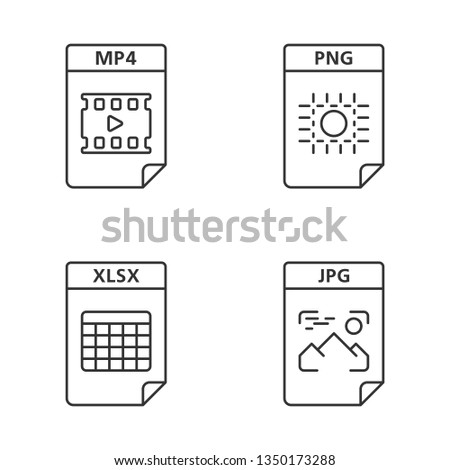 Files format linear icons set. Multimedia, image, spreadsheet files. MP4, PNG, XLSX, JPG. Thin line contour symbols. Isolated vector outline illustrations. Editable stroke