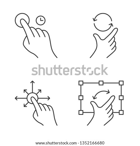 Touchscreen gestures linear icons set. Touch and hold, zoom, rotate gesturing. Drag finger all directions. Pinch, pan gesture. Thin line contour symbols. Isolated vector illustrations. Editable stroke