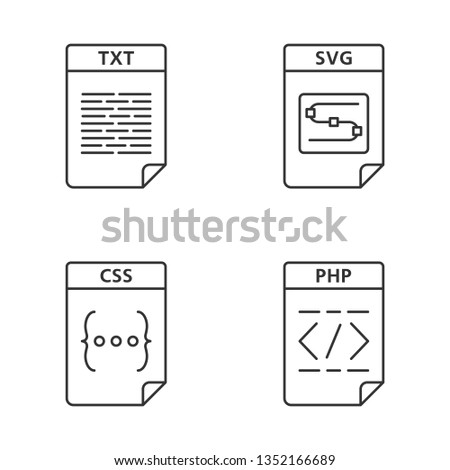 Files format linear icons set. Presentation, webpage, text, image files. TXT, SVG, CSS, PHP. Thin line contour symbols. Isolated vector outline illustrations. Editable stroke
