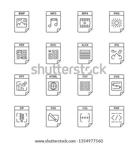 Files format linear icons set. Multimedia, text, web digital files. MP3, MP4, PNG, PDF, DOC, XLSX, JPG, HTML, ZIP. Thin line contour symbols. Isolated vector outline illustrations. Editable stroke