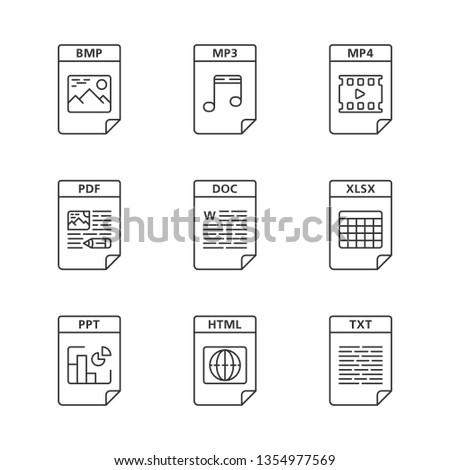 Files format linear icons set. Image, multimedia, text, webpage files. BMP, MP3, MP4, PDF, DOC, XLSX, PPT, HTML, TXT. Thin line contour symbols. Isolated vector outline illustrations. Editable stroke