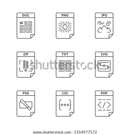 Files format linear icons set. Image, multimedia, text, spreadsheet, webpage files. DOC, PNG, ZIP, TXT, SVG, PSD, CSS. Thin line contour symbols. Isolated vector outline illustrations. Editable stroke