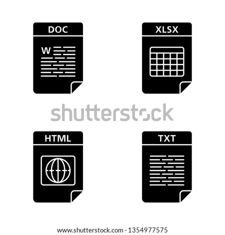 Files format glyph icons set. Text web and data files. DOC, XLSX, HTML, TXT. Silhouette symbols. Vector isolated illustration