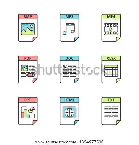 Files format color icons set. Image, multimedia, text, spreadsheet, webpage files. BMP, MP3, MP4, PDF, DOC, XLSX, PPT, HTML, TXT. Isolated vector illustrations