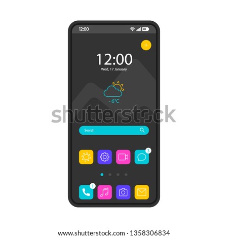 Home screen smartphone interface vector template. Mobile operating system page black design layout. Search bar, forecast. Start screen with app icons, shotcuts. Flat UI for application. Phone display