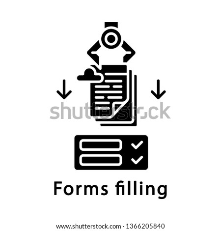 Forms filling glyph icon. Robot inputting data to forms. RPA. Clerical process automation technology. Ai worker. Using cloud service. Silhouette symbol. Negative space. Vector isolated illustration