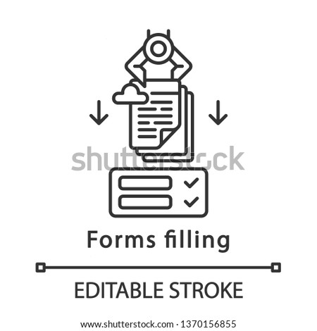 Forms filling linear icon. Robot inputting data to forms. RPA. Clerical process automation technology. Thin line illustration. Contour symbol. Vector isolated outline drawing. Editable stroke