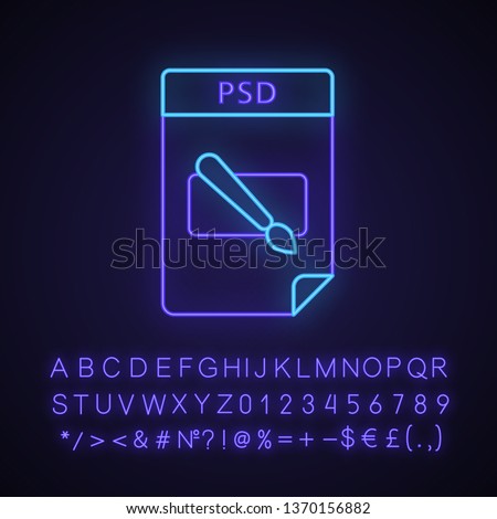 PSD file neon light icon. Layered image file format. Glowing sign with alphabet, numbers and symbols. Vector isolated illustration