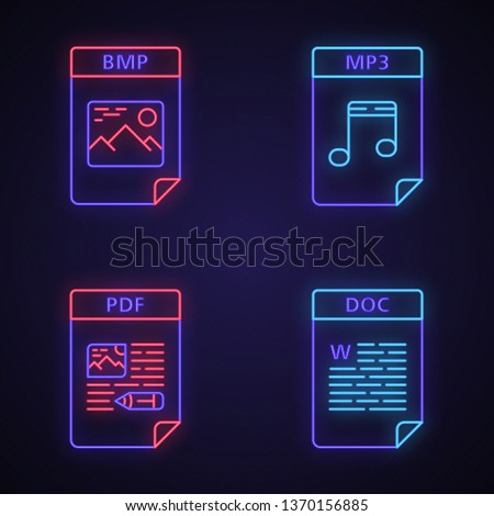 Files format neon light icons set. Image, audio files, text documents. BMP, MP3, PDF, DOC. Glowing signs. Vector isolated illustrations