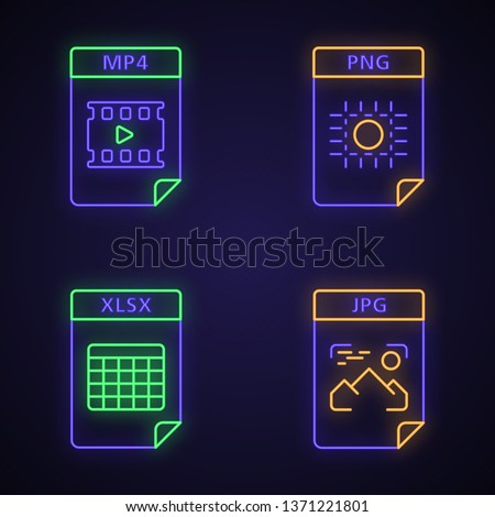Files format neon light icons set. Multimedia, image, spreadsheet files. MP4, PNG, XLSX, JPG. Glowing signs. Vector isolated illustrations
