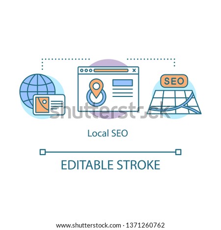 Local SEO concept icon. Global search optimization idea thin line illustration. Geolocation ranking. Location marketing. GPS navigation. Geotargeting. Vector isolated outline drawing. Editable stroke