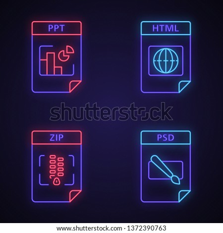 Files format neon light icons set. Presentation, webpage, archive, image files. PPT, HTML, ZIP, PSD. Glowing signs. Vector isolated illustrations